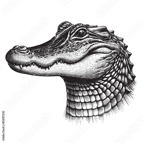 Hand drawn illustration of an old engraving style vector illustration of a  head of a crocodile