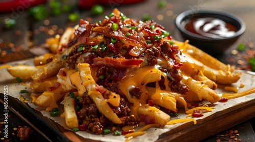 Close up of loaded cheesy bacon french fries photography