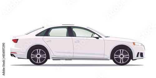 Illustration of a white sedan car. Car in a stylized graphic style. Isolated on a white background. Concept of a modern vehicle. Vector illustration