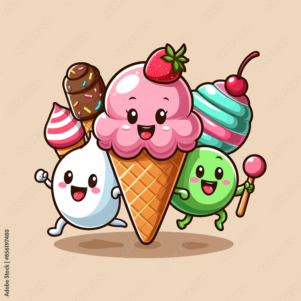 Fototapeta premium Ice Cream Cartoon Set Vector Illustration