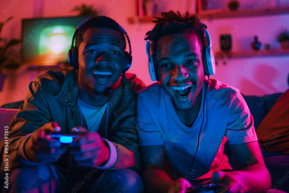 Obraz premium two friends gaming together online, each in their own room, with headsets on and excitement on their faces as they share the experience through their screens. Commercial photo