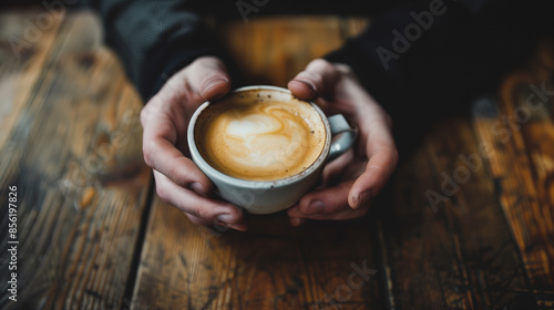 A person is holding a coffee cup with a white rim and a brown swirl photo