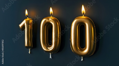 100th Gold Candles With Flames On A Cake Celebration photo