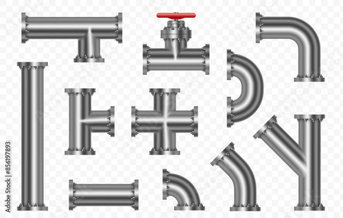 Metal pipeline elements with valve, different shapes for water, gas or crude oil. Isolated on a transparent background. Vector stock template
