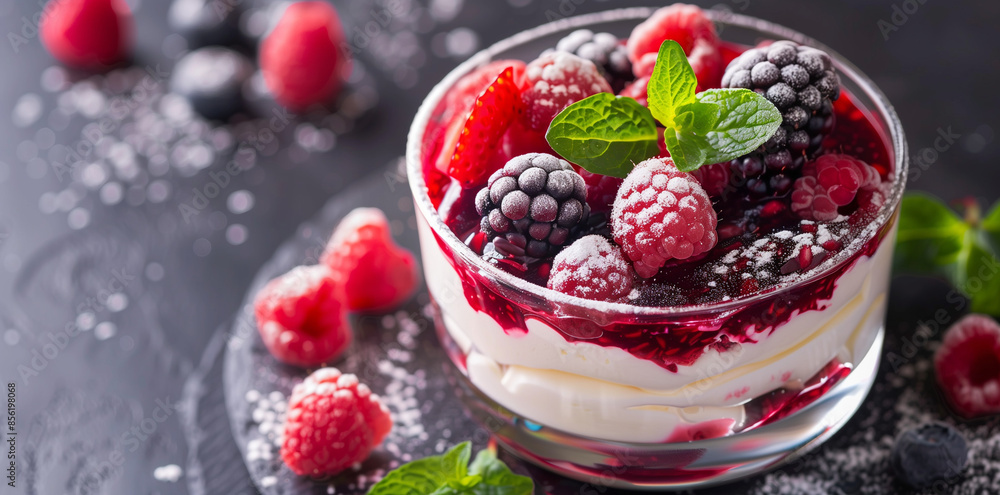 Dessert with raspberries and blackberries in a glass, healthy cafe menu Dessert with raspberries and blackberries in a glass, healthy cafe menu