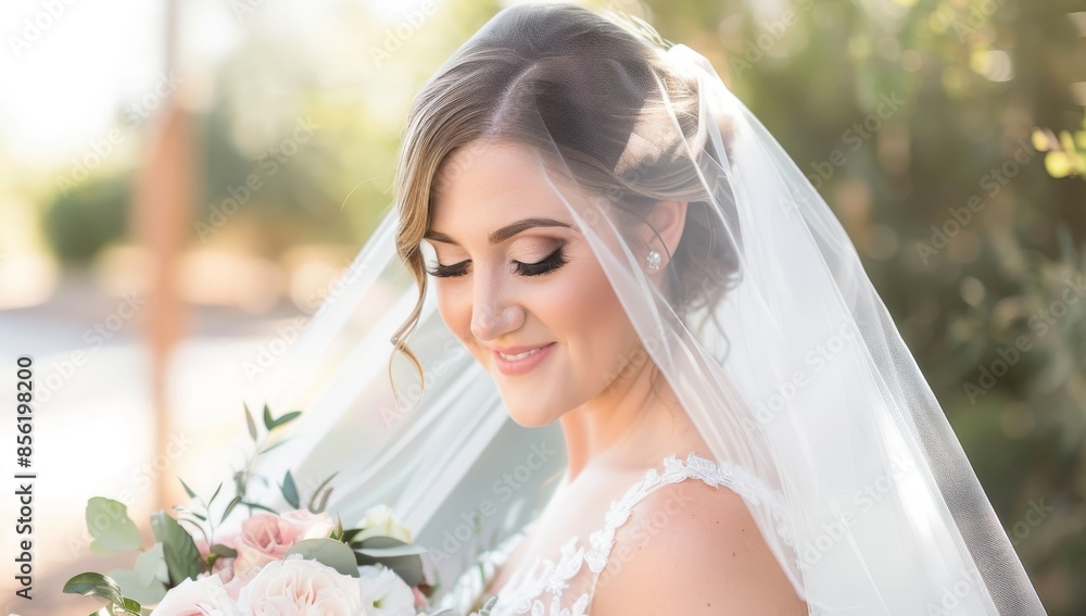 Naklejka premium A beautiful bride in her wedding dress, holding flowers and smiling at the camera
