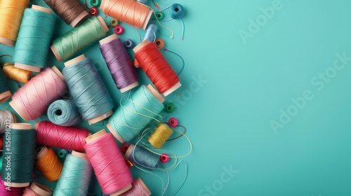 Assorted colorful sewing threads on teal background, top view flat lay composition