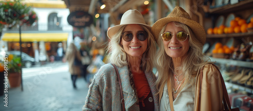 Close-up of friends enjoying vacations together; elderly blond women smiling 50s or 60s spending time abroad in summer; woman standing smiled on molo/sidewalk or on local market; copy space for text photo