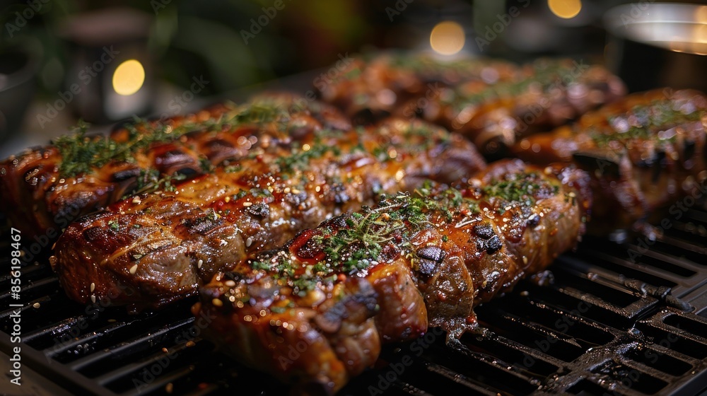 Closeup of Grilled Meat with Herbs on a Black Grill Closeup of Grilled Meat with Herbs on a Black Grill