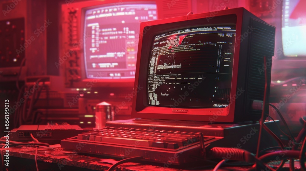 Old fashioned computer screen with code, illuminated by red light, creates a nostalgic tech ambiance Old fashioned computer screen with code, illuminated by red light, creates a nostalgic tech ambiance