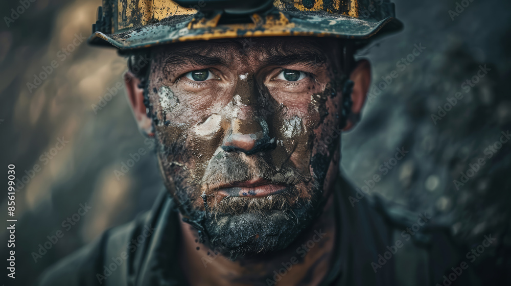 Portrait of a miner with helmet on dark background. Portrait of a miner with helmet on dark background.