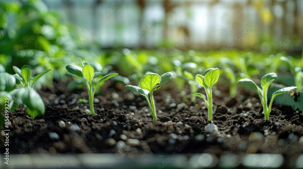 Cultivating vegetables in a greenhouse seedling sprouts in dark soil Cultivating vegetables in a greenhouse seedling sprouts in dark soil