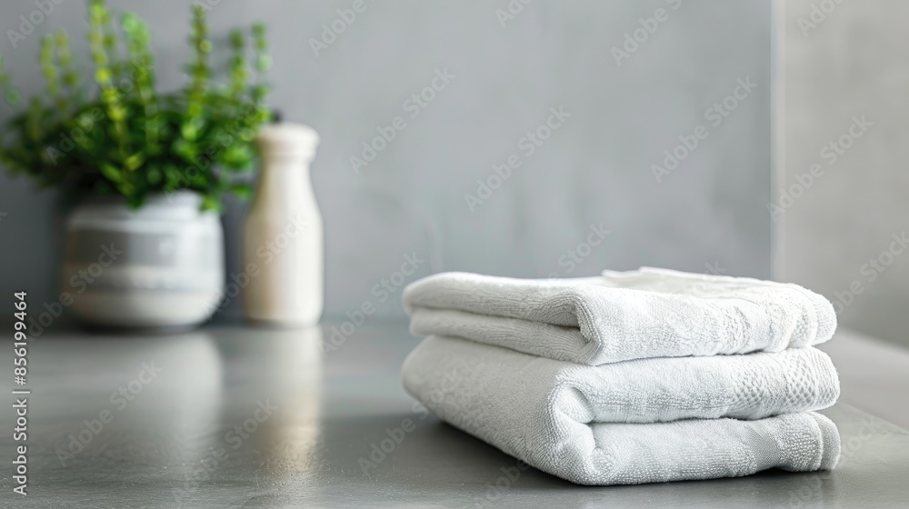 Design space on grey table with folded kitchen towel Design space on grey table with folded kitchen towel