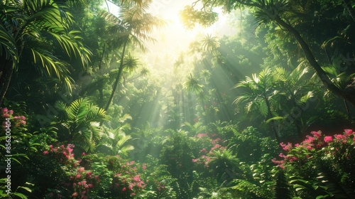 Sunlight Breaking Through Lush Tropical Jungle