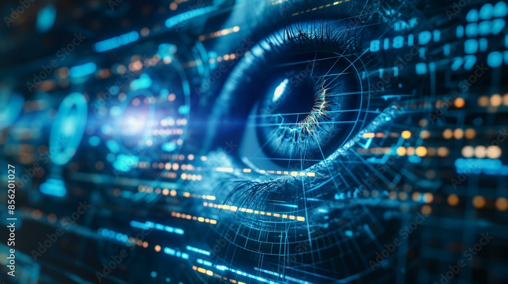 Close-Up of Digital Eye on Futuristic Interface Representing Surveillance and Technology Close-Up of Digital Eye on Futuristic Interface Representing Surveillance and Technology