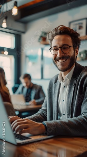 smiling man using a laptop computer at a table in a room, working on his laptop, in front of a computer, sitting in front of computer, working on a laptop at a desk, sitting at a computer, typing on l
