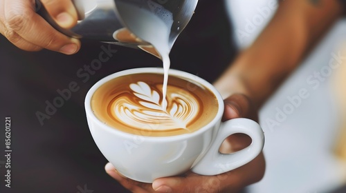 someone is pouring a cup of coffee , latte art, Aussies baristas, pouring, cup of coffee, small hipster coffee shop, cappuccino, pouring techniques, coffee, coffee cup, professional image, absolutely,