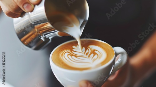 someone is pouring a cup of coffee , latte art, Aussies baristas, pouring, cup of coffee, small hipster coffee shop, cappuccino, pouring techniques, coffee, coffee cup, professional image, absolutely,