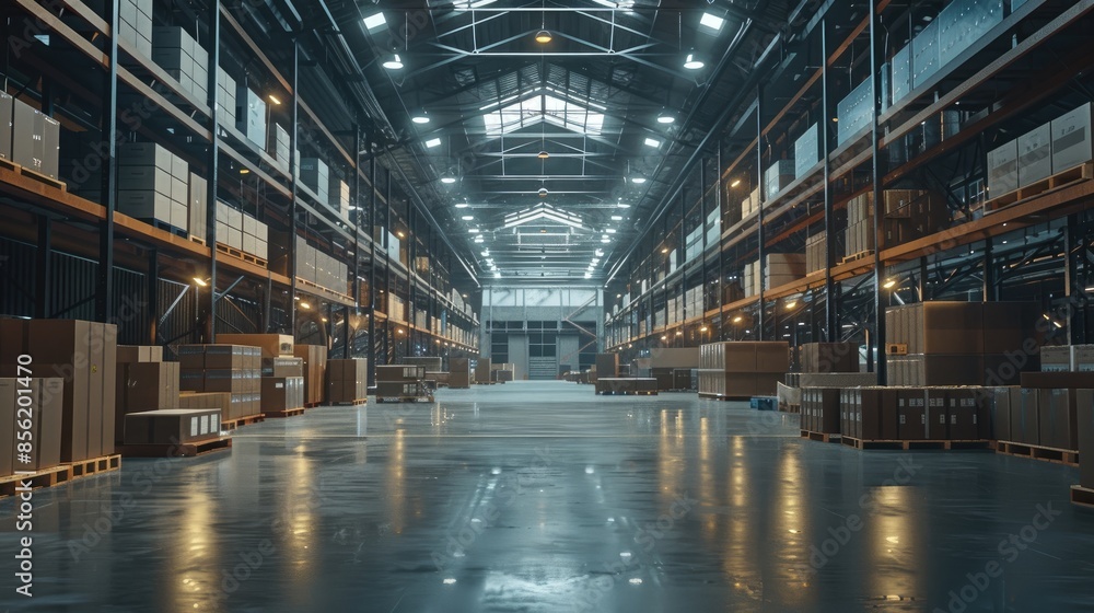 A modern warehouse interior with bright lights, showcasing efficient shipping and cargo management in a large logistics center A modern warehouse interior with bright lights, showcasing efficient shipping and cargo management in a large logistics center