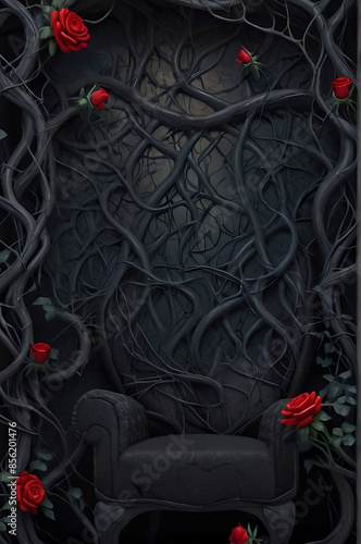 Black gothic background in Black throne with Red roses and  vines, leaves and thorns