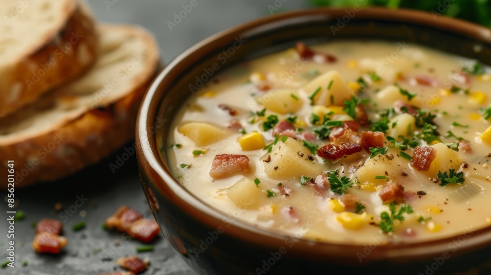 Amateur photo of a hearty bacon potato and corn chowder, close-up detail of ingredients, golden broth with corn, bacon, and potatoes, served with crusty bread Amateur photo of a hearty bacon potato and corn chowder, close-up detail of ingredients, golden broth with corn, bacon, and potatoes, served with crusty bread