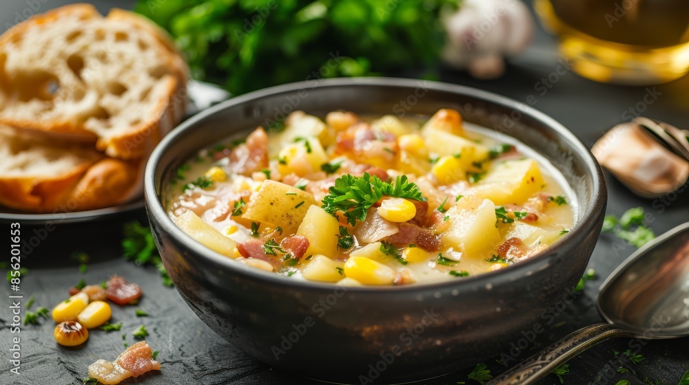 Amateur photo of a hearty bacon potato and corn chowder, close-up detail of ingredients, golden broth with corn, bacon, and potatoes, served with crusty bread Amateur photo of a hearty bacon potato and corn chowder, close-up detail of ingredients, golden broth with corn, bacon, and potatoes, served with crusty bread