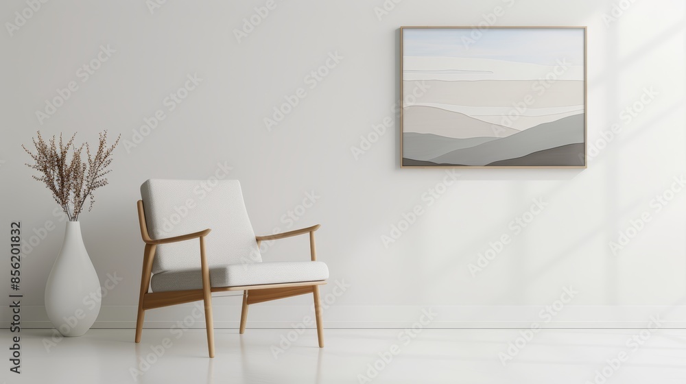 Fototapeta premium A rustic canvas painting, full of warm tones, hanging on a clean, white wall with top lighting, white background, highlighting the painting's rustic charm