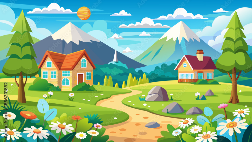 Naklejka premium Panorama village landscape featuring meadow, house, trees, clear sky, mountains, and sunny weather