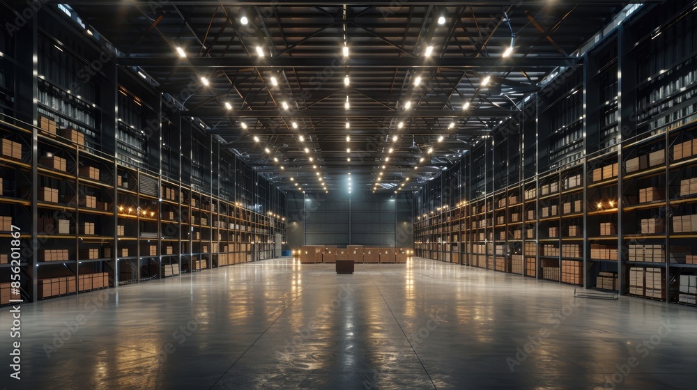 A modern large warehouse with rows of shelves, bright lights illuminating the spacious shipping and logistics center, filled with cargo A modern large warehouse with rows of shelves, bright lights illuminating the spacious shipping and logistics center, filled with cargo