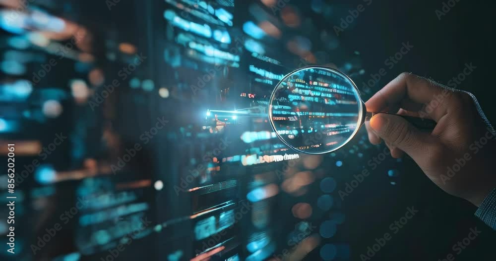 QA engineer's hand holding magnifying glass finding bugs in sleek software interface, copyspace provided QA engineer's hand holding magnifying glass finding bugs in sleek software interface, copyspace provided
