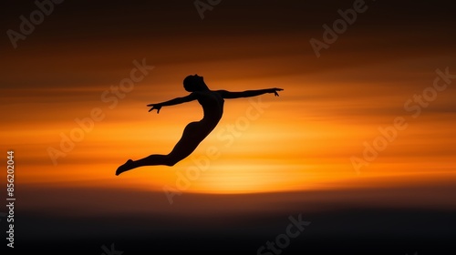 Agile acrobat captured in a stunning silhouette, gracefully contorted mid-air, with a twilight horizon emphasizing the fluidity and artistry of the pose © JP STUDIO LAB