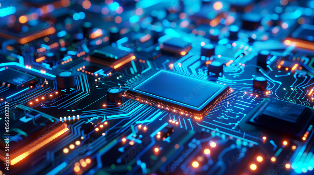 A computer board filled with various electronic components and chips. The board is illuminated with bright blue and orange lights, creating a futuristic atmosphere. A computer board filled with various electronic components and chips. The board is illuminated with bright blue and orange lights, creating a futuristic atmosphere.