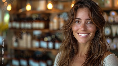 Smiling Woman in a Store with Warm Lighting