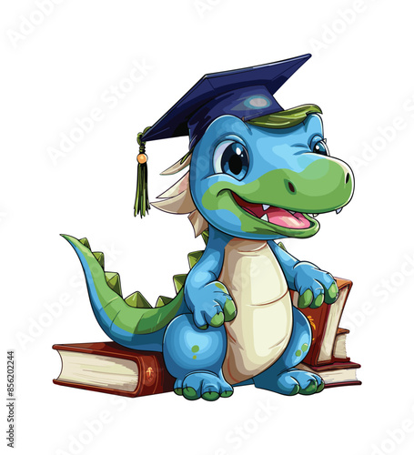 Vector cute trex dinosaur wearing a graduation hat and a lot of book illustrations with AI