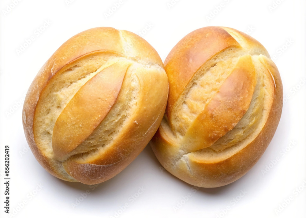 Two white french bread rolls isolated on white from above. Top view. Two white french bread rolls isolated on white from above. Top view.