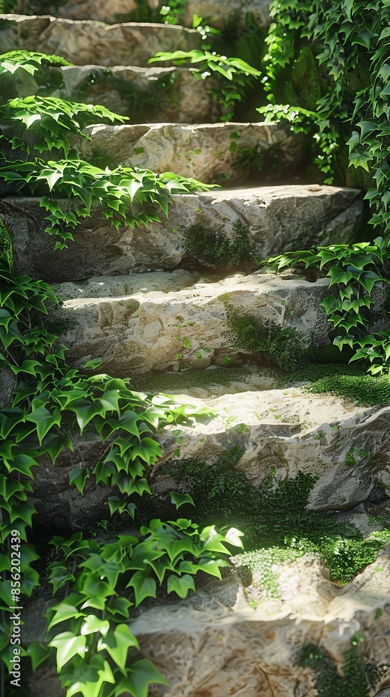 Stone steps covered with vibrant green ivy in a garden, nature concept
