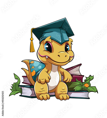 Vector cute trex dinosaur wearing a graduation hat and a lot of book illustrations with AI