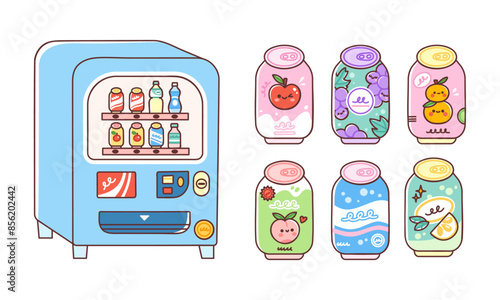 Vending machine and soda cans set. Vector illustration of a machine selling fruit flavored fizzy drinks. Flavors include grape, apple, peach and orange. Isolated elements on white background.