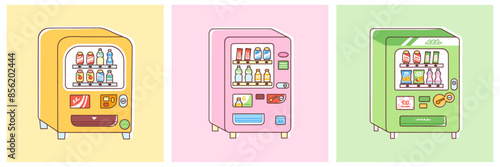 Set of colorful vending machines selling snacks and soft drinks. Vector illustration of vending machines in cute flat style.