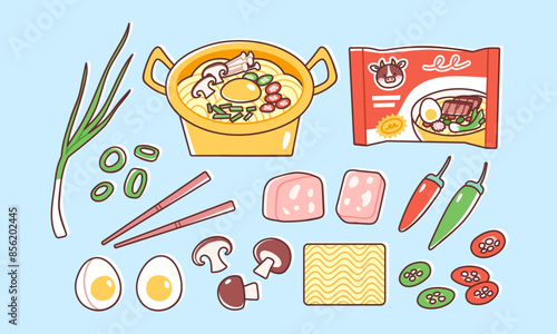 Cooked instant ramen in a golden pot. Vector illustration of Asian noodles and additional ingredients, such as eggs, mushrooms, scallions, chili and ham. Quick and tasty dinner in colorful flat style.