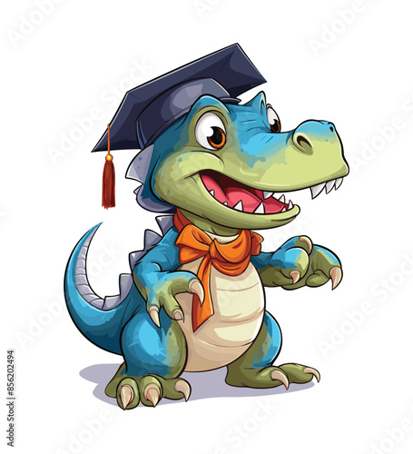 Vector cute trex dinosaur wearing a graduation hat and a lot of book illustrations with AI