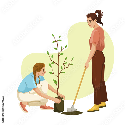 Two people planting a tree, one holding a sapling and the other with a shovel. Vector illustration, on a white background. Concept of gardening and environment. Vector illustration