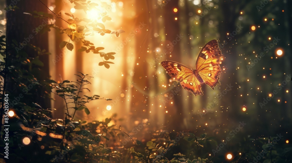 a moth flying through a mystical forest spreading some light particles behind a moth flying through a mystical forest spreading some light particles behind