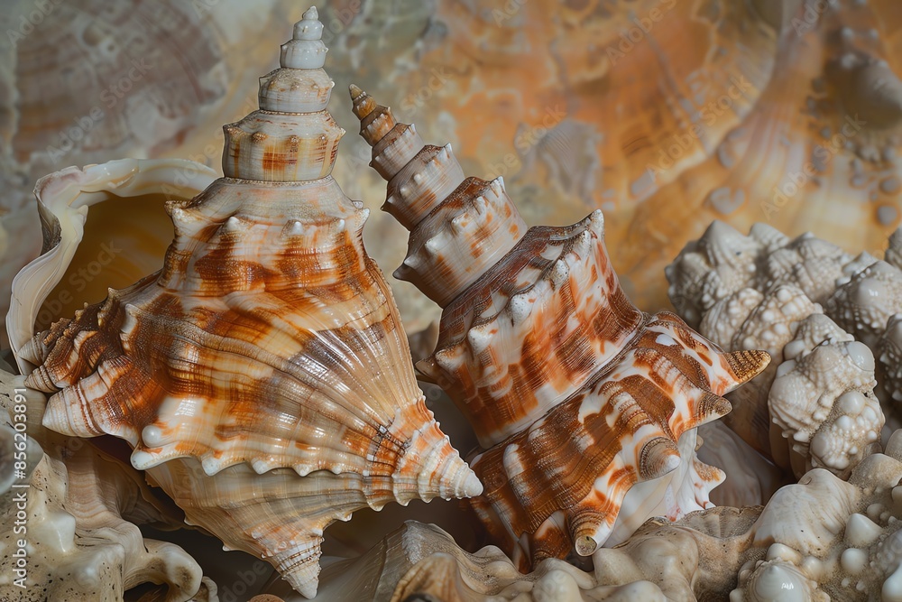 Obraz premium A close-up of seashells with intricate patterns and textures. Photographed in a natural light setting, highlighting their beauty.