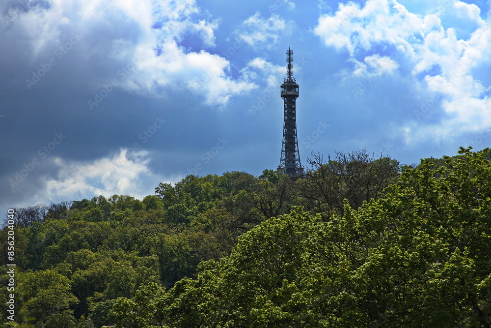 Fototapeta premium Watch tower on the hill Petrin in Prague,Czech republic,Europe 