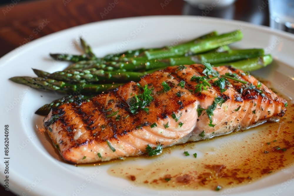 A beautifully arranged plate of grilled salmon with a side of asparagus