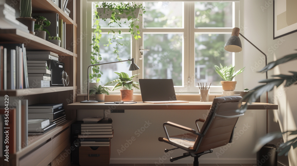 A stylish and modern home office setup, sleek desk with a laptop, ergonomic chair, large window letting in natural light, shelves with books and plants A stylish and modern home office setup, sleek desk with a laptop, ergonomic chair, large window letting in natural light, shelves with books and plants
