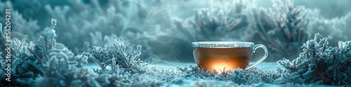 Peppermint tea close-up in a surreal frosty landscape, cool mint tones, mystical glow, hyper-realistic detail, artistic composition, invigorating atmosphere photo