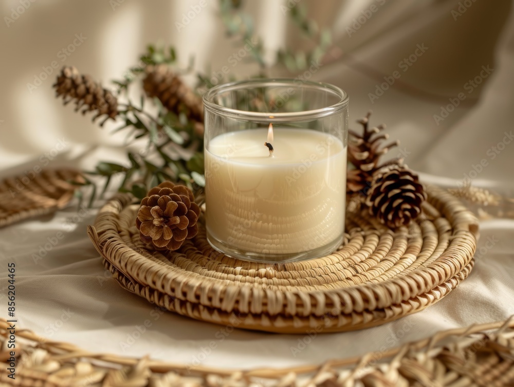 Elegant Home Decor with Candle and Woven Tray Generative AI Elegant Home Decor with Candle and Woven Tray Generative AI