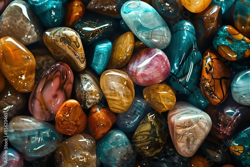 A close-up view of colorful polished stones, arranged in a random pattern © nuttapong